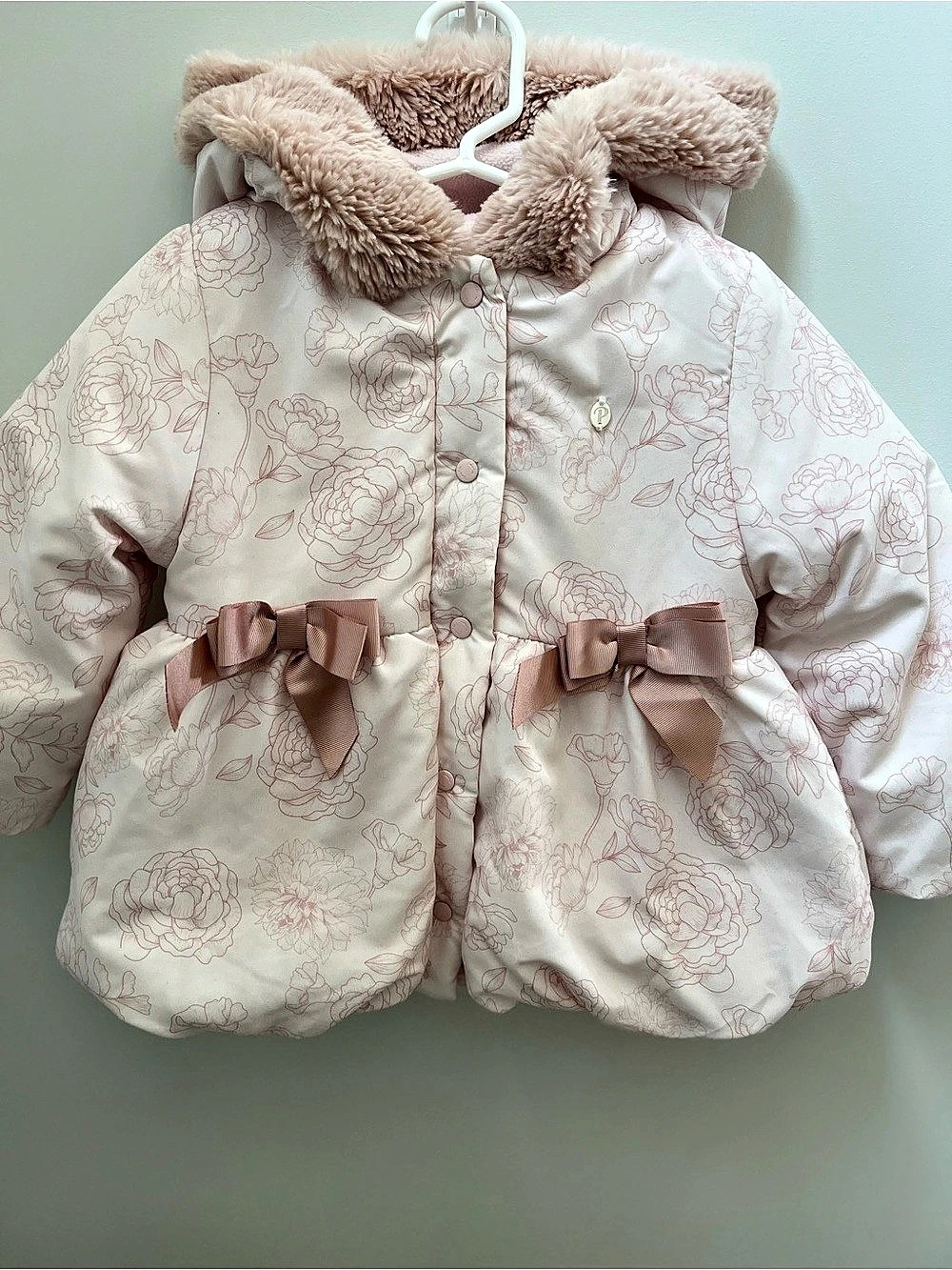 Patachou Elegant French Floral Peony Hooded Pink Puffer Jacket